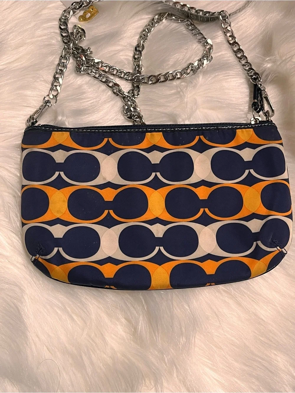 Coach Orange Navy Signature Chain Shoulder Bag with Black Trim